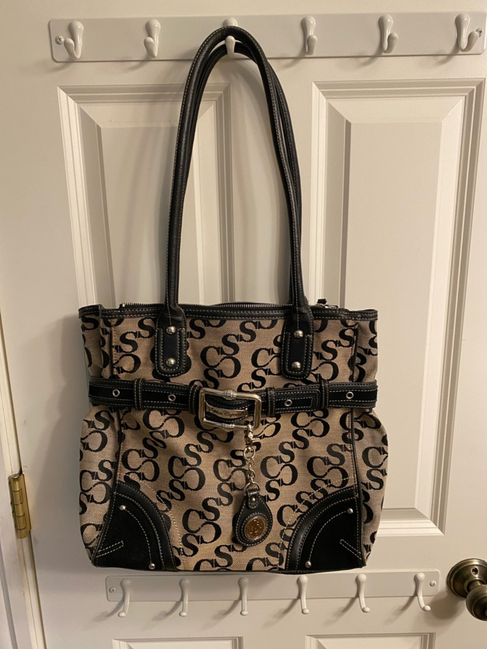 Sophia Caperelli Beige and Black Monogram Tote with Buckle Charm